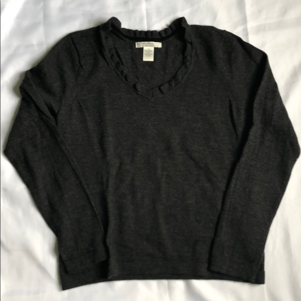 Gray ruffled v-neck wool sweater